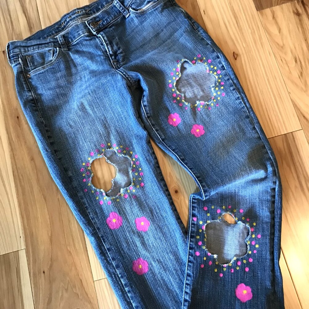 Upcycled Flower Cut-Out Jeans, Holey Distressed Funky Pants 10 Short - Picture 14 of 15